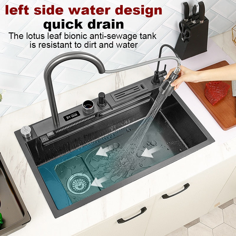 Stainless Steel Kitchen Waterfall Sink Digital Display