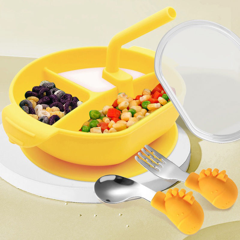 Baby Hygienic Silicone Dinner Plate With Straw （Includes spoon and fork）