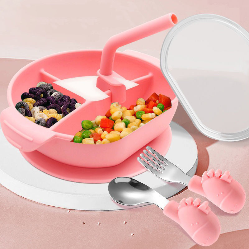 Assiette à dîner hygiénique en silicone pour bébé avec paille (comprend une cuillère et une fourchette)