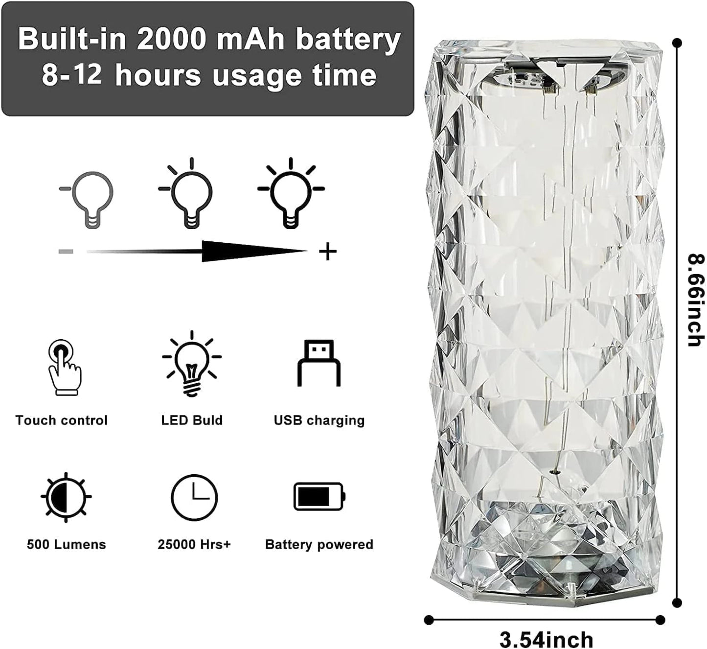 Lampe de table en cristal rechargeable avec commande tactile
