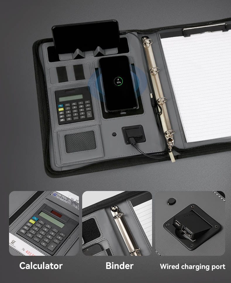 Porte-documents multifonction en cuir pour ordinateur portable avec chargeur de téléphone 